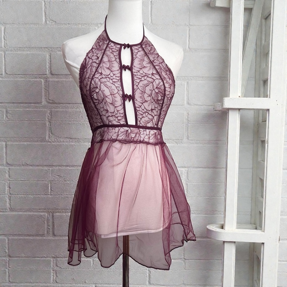 Victoria’s Secret Burgundy Lace Babydoll Lingerie – Sheer Halter Nightie S